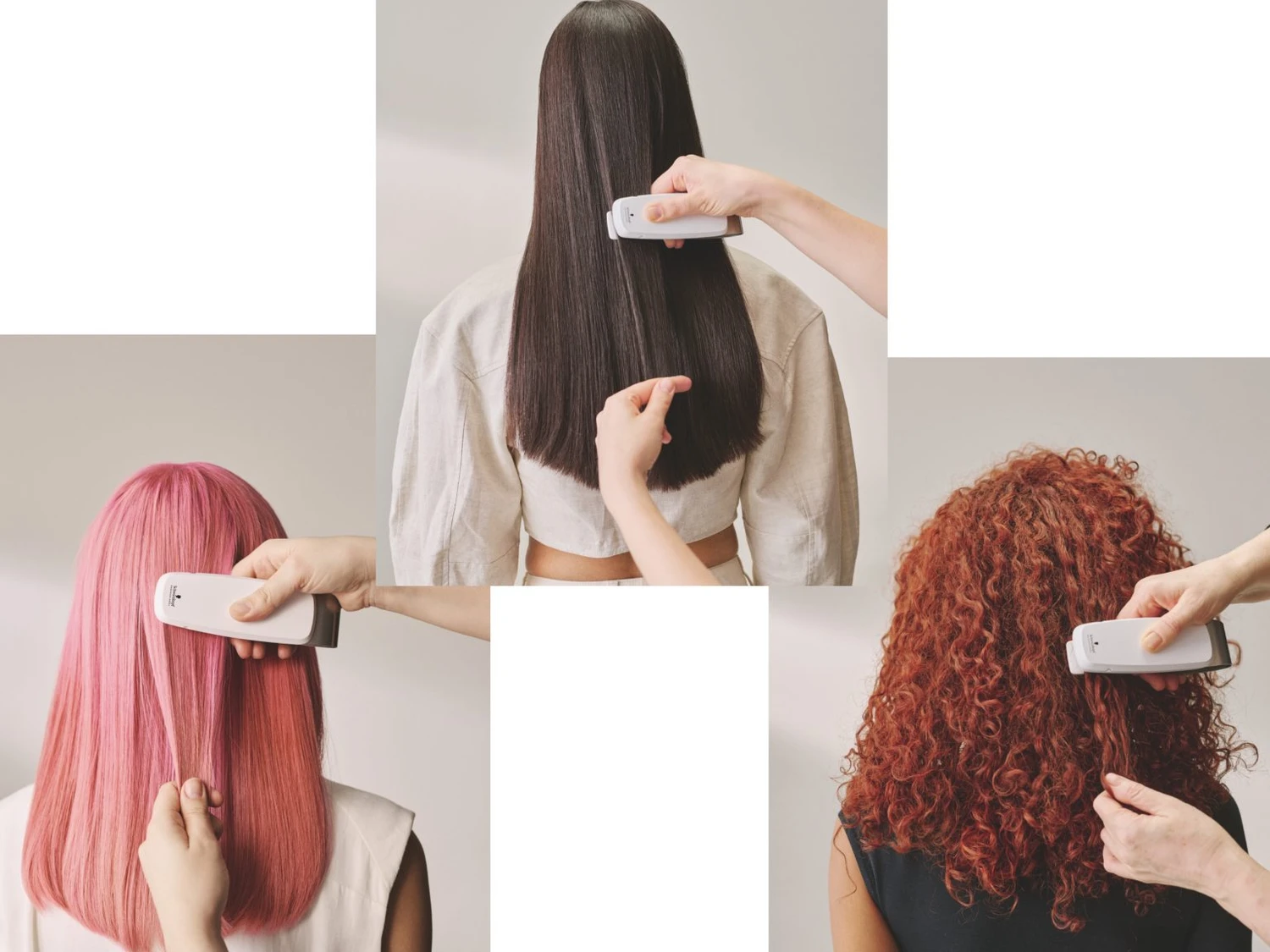 Hairfashion by Edmond - Haarschnitt und Styling - Ein Haarpflegegerät wird an drei verschiedenen Personen mit unterschiedlichen Haartypen vorgeführt: langes, glattes, dunkles Haar, ein rosa Bob und voluminöses, rotes Lockenhaar.